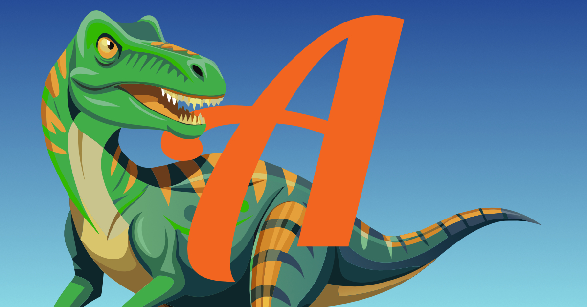 Illustration eines grünen Dinosauriers, der in das A des Actionboundlogos beißen will Illustration eines grünen Dinosauriers, der in das A des Actionboundlogos beißen will